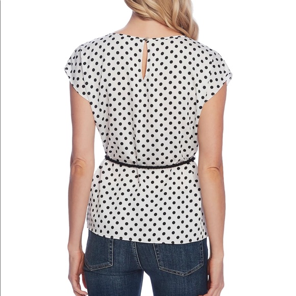 Vince Camuto Ruffle Sleeve Belted Dot Blouse - Picture 2 of 8